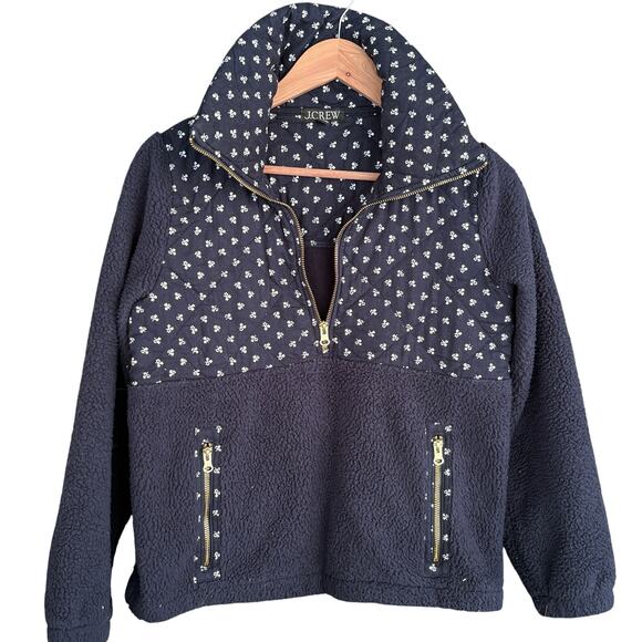 J.Crew Quilted Sherpa Fleece Zip Pullover XXS Floral Navy Blue BM370 J.Crew - Picture 3 of 6
